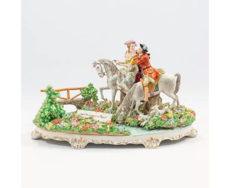 A porcelain group Wilkommene Rast, made by Sitzendorf Porcelain in Germany. Second half of the 20th century. (21 x 45 x 26 cm