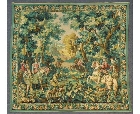 A gobelin tapestry with the decor of medieval hunters in a forest, the second half of the 20th century. (220 x 192 cm)