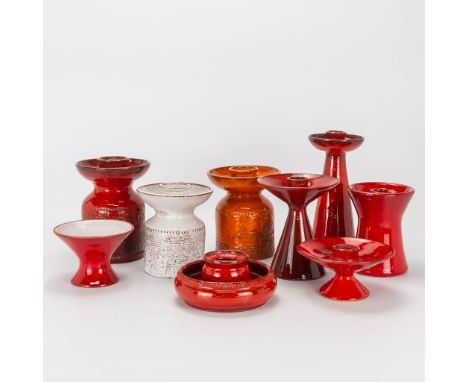 A collection of 9 ceramic candlesticks made by Perignem and Amphora around 1960. (21 x 9,5 cm)