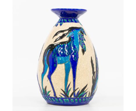 Charles CATTEAU (1880-1966) a glazed ceramic vase with decor 943 and made by Boch. (26,5 x 17 cm)