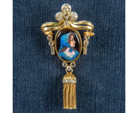 An antique brooch/pendant made of 18 karat yellow gold and decorated with diamonds, hand-painted enamel d'Art cloisonnŽ. 12,6