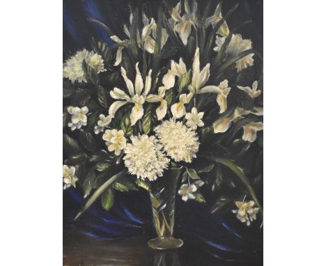 Doris Macdonald (British 20th century) oil on board, still life study 'Flowers with Blue Curtain' signed lower left, wwithin 