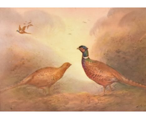 A pair of early 20th century hand-painted Crown Devon porcelain plaques, decorated with pheasants and signed J Coleman, withi