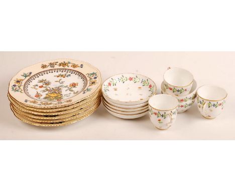 A set of six Coalport "Flower-pot" design 22.5cm plates and five French floral decorated tea bowls, cups and saucers.