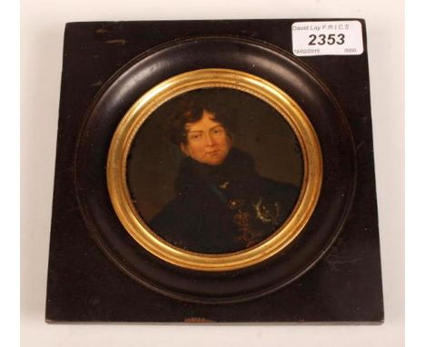 A miniature portrait of George IV in the style of Stobwasser, being a copy of the Thomas Lawrence 1822 original portrait. The