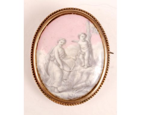 A George III Staffordshire enamelled oval panel, grisaille painted, after Angelica Kauffman 'Etiam Amor Criminibus Plectitur'