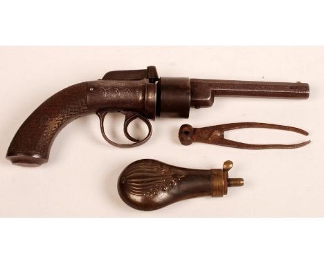 A 19th century percussion cap, transitional, six shot revolver with an octagonal 11.2cm barrel, engraved steel frame and cheq