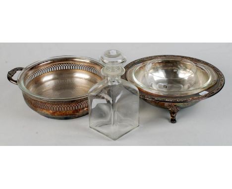 Two plated bowls, a decanter and one other piece.