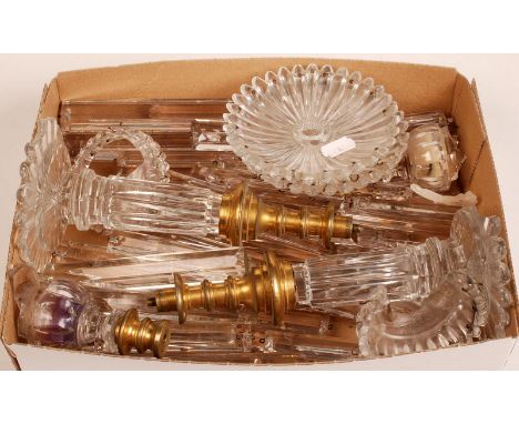 A pair of glass candlestick lustres with gilt brass mounts. Damage. Condition Report: one of the sticks is broken at the top 