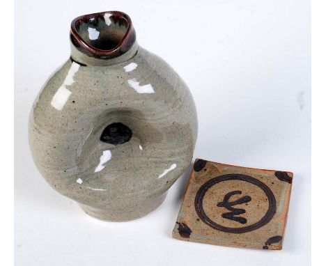 A Jeremy Leach Lowerdown Pottery stoneware bottle, height 18cm, together with a Lowerdown Pottery square small dish.
