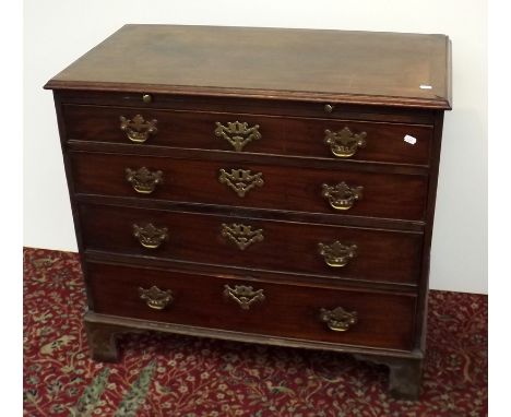 An 18th century mahogany cross-banded chest with a brushing slide above four graduated cock-beaded drawers on bracket feet, w