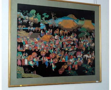 A Vietnamese multicoloured coromandel large black lacquered panel, decorated with a village market with local residents and v