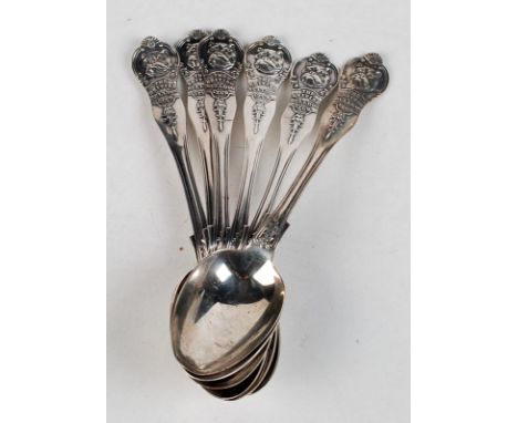 A set of six 'The British Bulldog Club' prize dessert spoons, each with a bulldog mask finial, Birmingham and Sheffield, vari