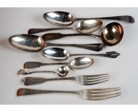 Three Georgian spoons, a Georgian fiddle and shell pattern salt spoon, a fiddle pattern sauce ladle, two other forks and two 