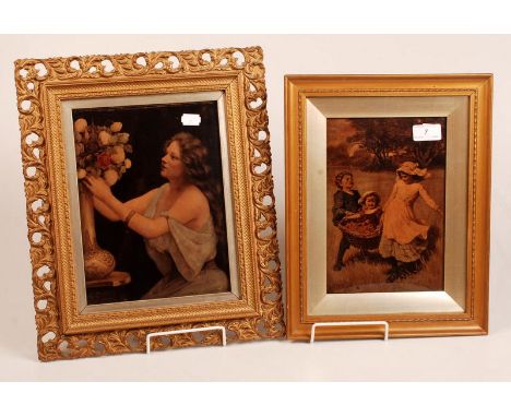 Two crystoleums, one a classical female figure arranging flowers, the other with children playing.