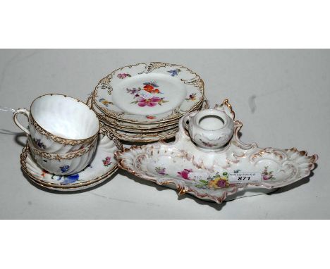 A set of four 'Dresden' plates, another slightly larger, a pair of 'Dresden' cups and saucers and a 'Dresden' inkstand, lacks