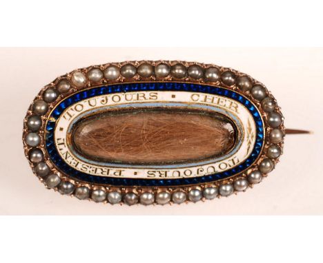 An 18th century Georgian gold mourning brooch, with central hair panel surrounded with blue and white enamel in which the ins