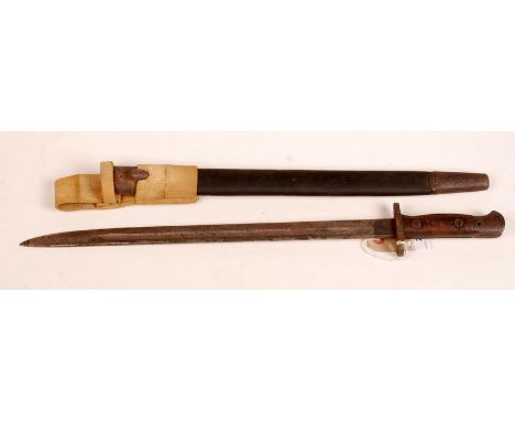 A Wilkinson 1907 pattern SMLE bayonet in a leather scabbard with canvas frog.