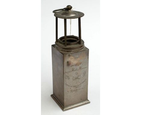 A Belgium nickel presentation miner's lamp "Dedice a Monsieur Hector Havaux Ingenieur aux Charbonnages de Ressaix" with a sho