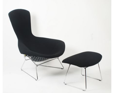 A Harry Bertoia chrome wire Bird chair and stool with their original black wool upholstery, height 100cm, width 98cm. Conditi