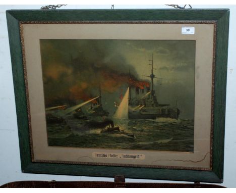 A WWI chromo lithograph of a night time sea battle "Deutide Flotte: Naditangriss".