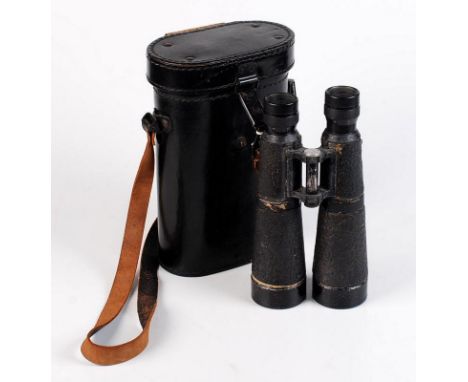 A pair of German WWII Third Reich Dienstglas 10 x 50 binoculars in black enamel with leather covering (leather shrunk), a sma
