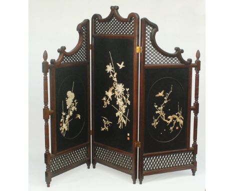 A fine three-fold screen with ornate hardwood frame, set with three Japanese black lacquer ground panels depicting birds, flo