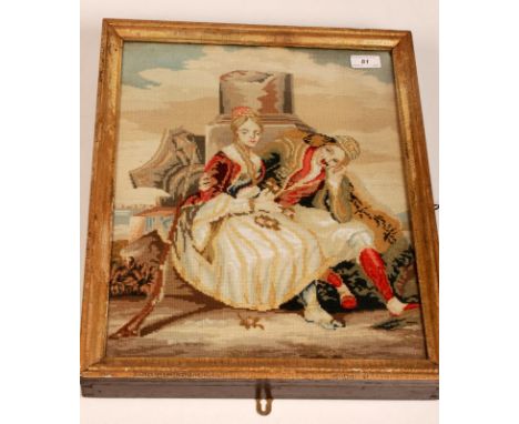 A key cupboard, the front set with a Victorian woolwork panel depicting a courting couple, 48 x 39.3cm.