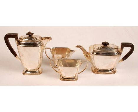 A four piece silver Art Deco tea service, each of rectangular form with ribbed corners and angular handles, by Atkin Brothers