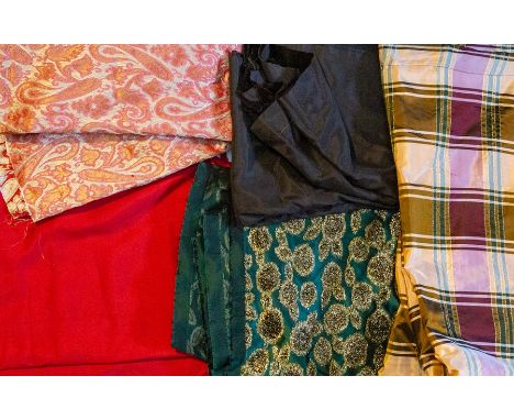 A collection of lining fabric in Rayon, Nylon, Taffeta&nbsp;and Chiffon in Jade Green. Another box of remits containing plaid