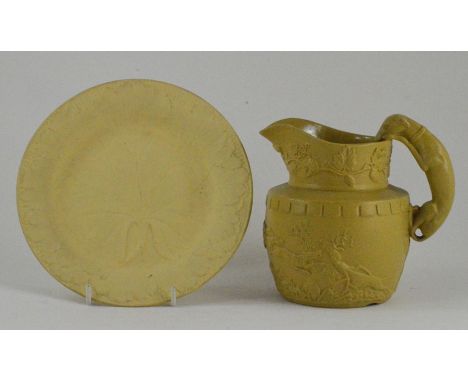 A J D Bagster moulded jug with hound handle and hunting scene decoration, circa 1813-23. The dog's collar to the handle bears