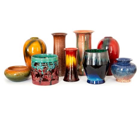 A group of Bretby Art Pottery wares with unusual glazes, to include: eight vases and an openwork planter. Tallest vase: 28 cm