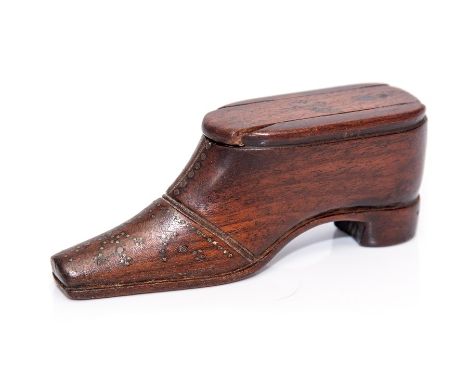 A mid 19th Century treen shoe snuff box, inlaid brass tack, sliding cover, width 11cm