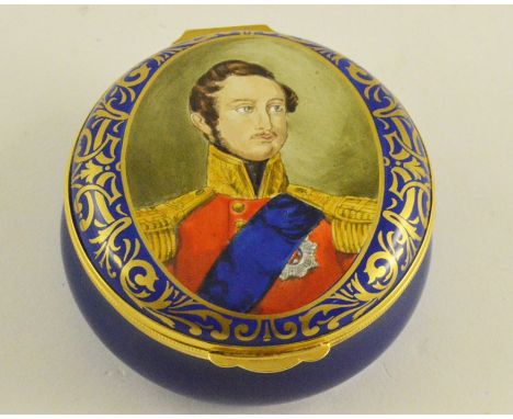 A Royal Crown Derby enamelled pill box, hand painted depicting Prince Albert, after a portrait by John Haslem, limited editio