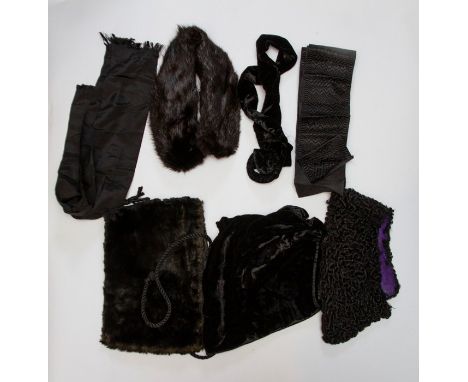 A Black Mink Collar (Peter Pan Style) A Sealskin collar with ties (Edwardian). A Velvet scarf (1920), A Velvet Belt with buck