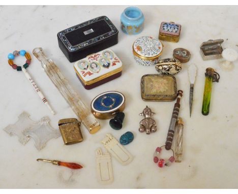 A collection of assorted patch boxes, enamelled boxes, mother-of-pearl tiles, carnelian handled button hook, vesta case, lacq