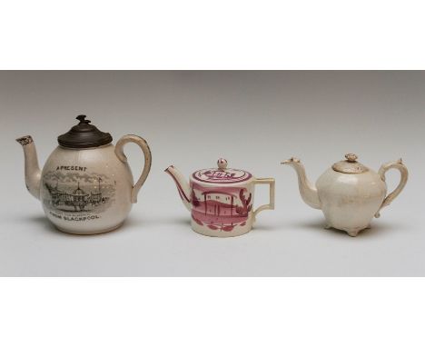 A group of three nineteenth century teapots, circa 1820-70. To include: a creamware straight-sided an example with pink lustr