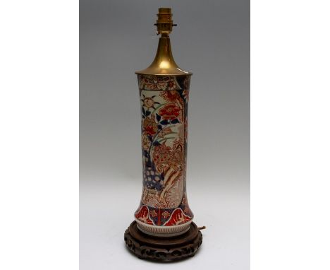 A Japanese imari porcelain vase, Edo period, of tapered form, (later converted into a table lamp), wooden plinth, height of v