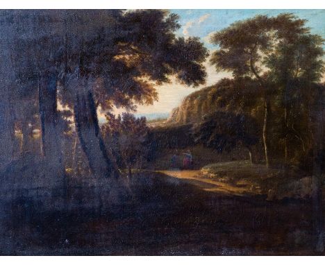 Manner of Jean-Francisque Millet, a wooded landscape with figures and sheep on a path, oil on canvas laid down panel, 33 by 4