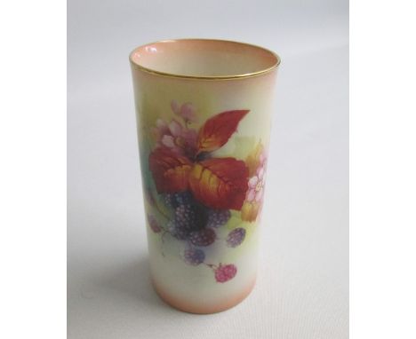 A Royal Worcester Cylindrical Vase painted with Fruit Signed by Kitty Blake. Shape 6/161.Date: 20th century  Black mark Size: