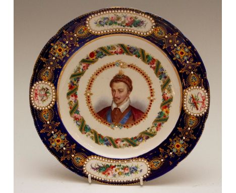 A mid-nineteenth century Sevres-style shaped circular porcelain plate, decorated with a portrait panel of Henry III, within g