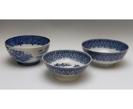 Three early nineteenth century blue and white transfer printed large bowls, circa 1800-10. Included are: A Swansea Lantern Ca
