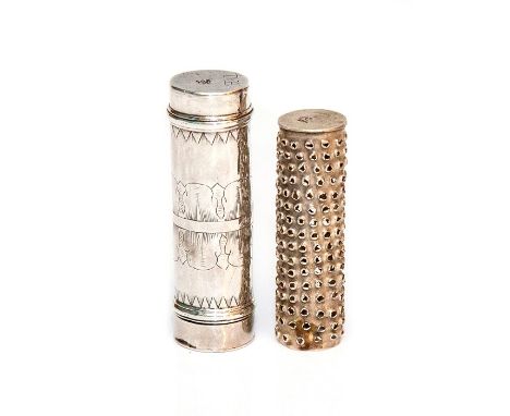 An 18th Century English (London) silver nutmeg grater tube, bright cut engraved lappet frieze, pull-off cover with removable 