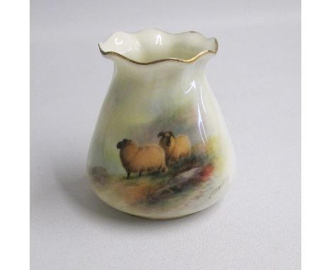 A Royal Worcester Vase Painted With Sheep Signed by E Barker. Shape G957Date: code 1919  Puce MarkSize: 9cm highCondition: So