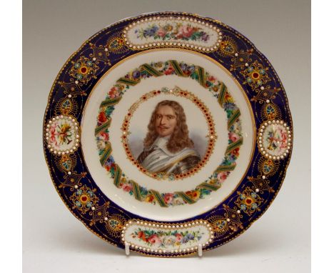 A mid-nineteenth century Sevres-style shaped circular porcelain plate, decorated with a portrait panel of Gd. Turenne, within