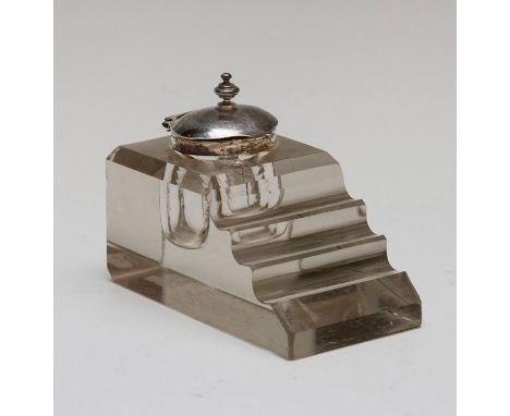 Matthew Boulton, a William IV silver ink well on a stepped glass base, maker Matthew Boulton, Birmingham 1825, the cut glass 