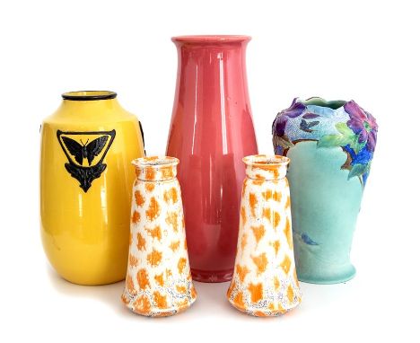 A pair of Bretby Art Pottery vases and three single vases. To include: a pair of metallic glaze vases, a moulded floral decor