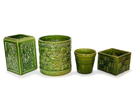 A group of Bretby art pottery green glazed planters with floral, basket-weave and Chinese cooking scene decoration: Largest 1