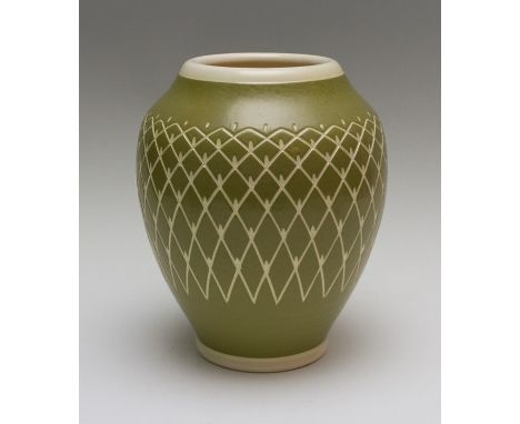 A Pilkington Royal Lancastrian baluster vase, geometric sgraffito design to form lozenges, olive glaze, height 24cm