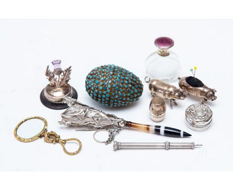 A late Victorian white metal posy holder, of leaf design with an agate handle, together with an assorted collection of bijout
